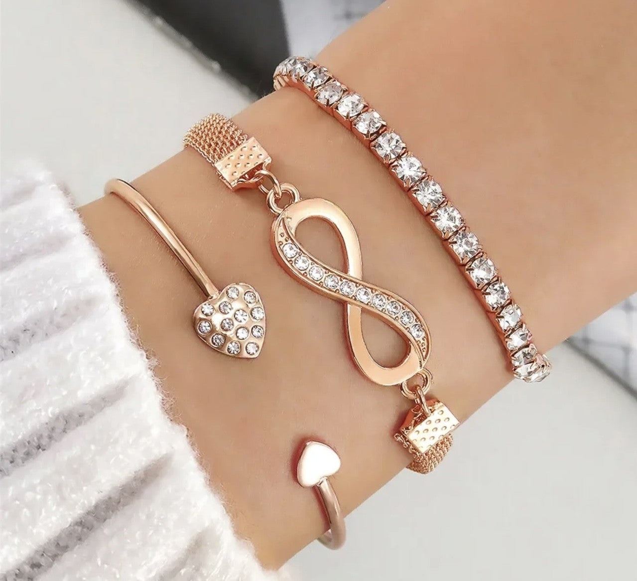 Bracelet Vintage 3 pcs set Love Heart Open Bangle Rhinestone Infinite Bracelet - Purrfect Bling