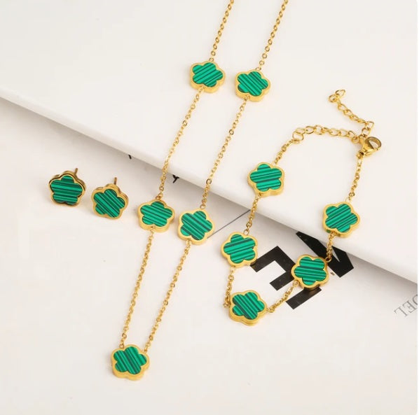 18K Gold Plated Clover Necklace, Bracelet, Earring 3 Piece Set - Purrfect Bling