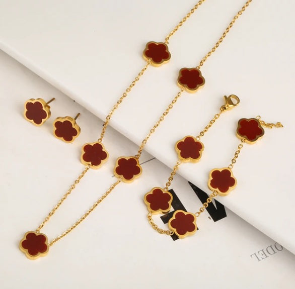 18K Gold Plated Clover Necklace, Bracelet, Earring 3 Piece Set - Purrfect Bling