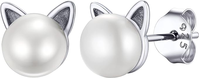 Purrfect Peal Whiskers 925 silver plated cat shaped pearl studs - Purrfect Bling