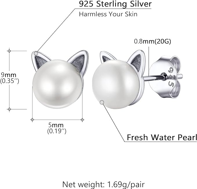 Purrfect Peal Whiskers 925 silver plated cat shaped pearl studs - Purrfect Bling