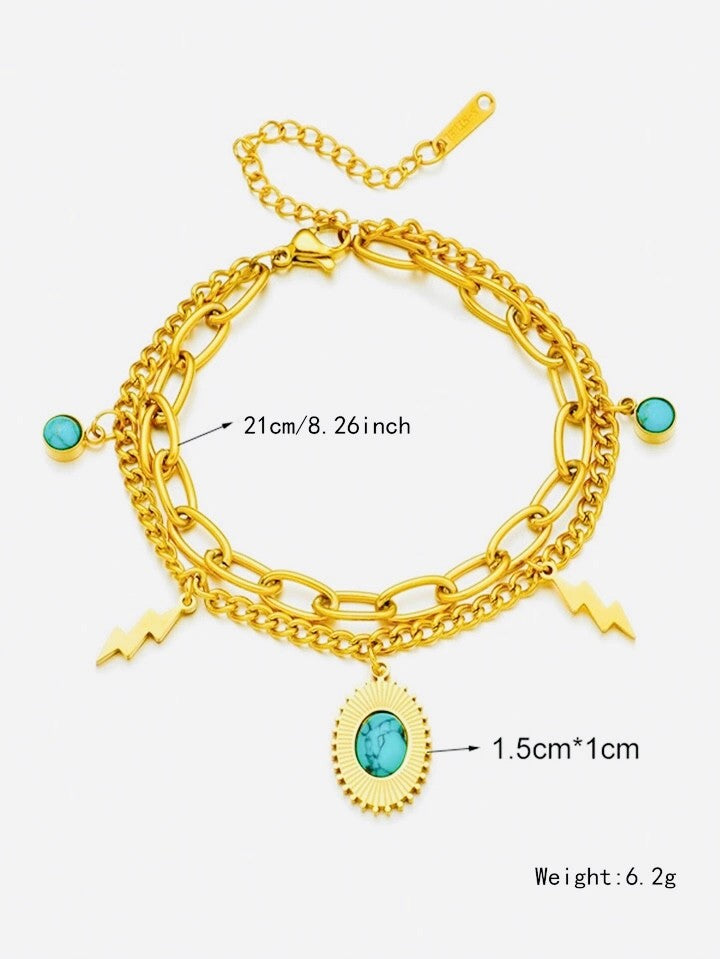 Stainless Steel Double layered Turquoise Elliptical Tag Bracelet - Purrfect Bling