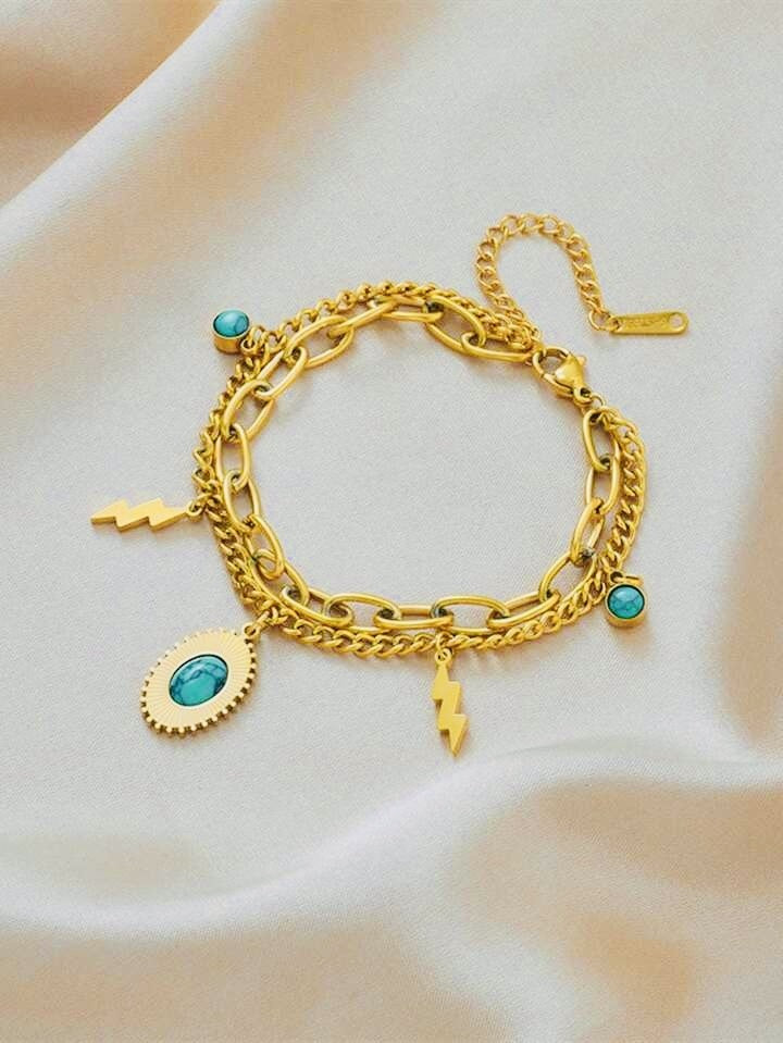 Stainless Steel Double layered Turquoise Elliptical Tag Bracelet - Purrfect Bling